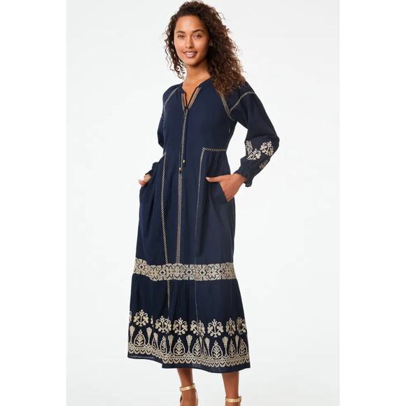 Roller Rabbit Metallic Cross Stitch Aveline Dress Navy/Gold Pockets Size Small - Picture 2 of 13